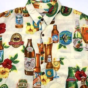 Straight Down Button Down Mens XL Cream Beer Tropical Hawaiian Aloha Shirt